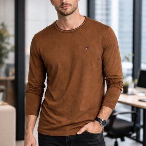 Tommy Hilfiger Men's Pullover Long Sleeve Shirt XL Slim Fit Brown 95% Cotton NWT